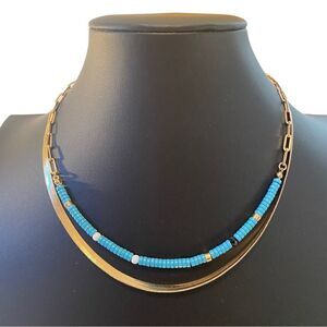Herringbone Chain & Faux Turquoise Beaded Layer Necklace.